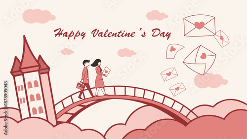 Romantic couple walking on bridge with castle on Valentine's Day