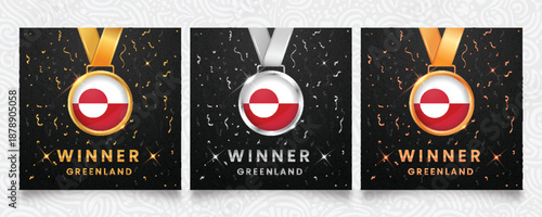Three winner medals for Greenland in gold, silver, and bronze. Features the distinctive red and white flag on a dark, sparkling background with festive confetti. Vector illustration.