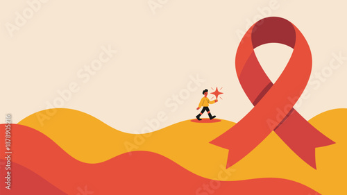 Child holding red ribbon on a hill Vector