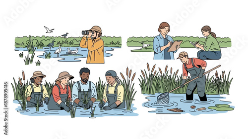 Illustration of people engaging in wetland activities on World Wetlands Day, with a river and tree in the background, featuring a bird and earth elements.