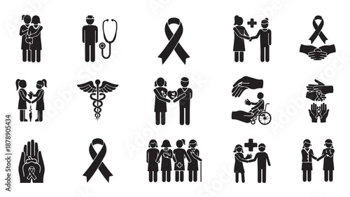 Black Medical Awareness Ribbon Icons with People