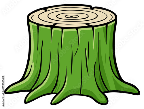 Cartoon green tree stump with roots and rings illustration