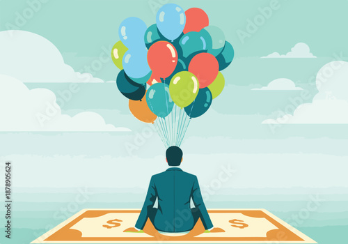 Businessman rising on money with balloons, financial growth concept