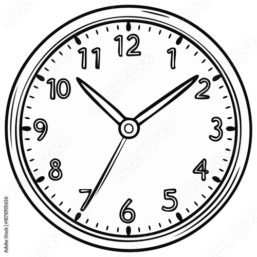 Clock Face Line Art Design Showing the Time Ten Fourteen Hand Drawn Clock Illustration