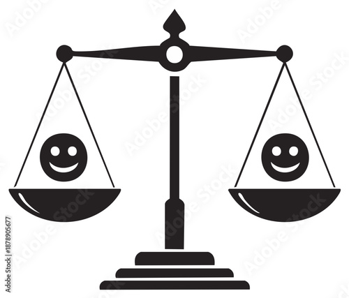 Smiling faces balanced on justice scales convey equilibrium and happiness