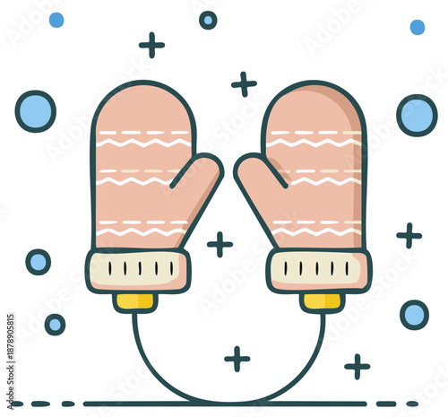 Cute cartoon illustration of a pair of warm winter mittens with a string and pattern