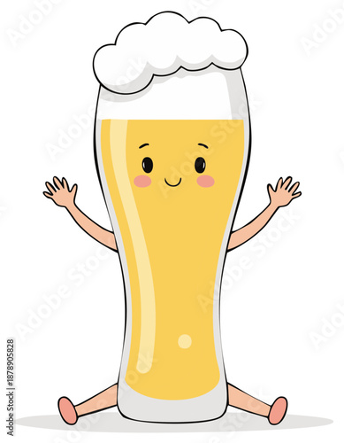 Cartoon Beer Glass with Arms and Legs, Cute Character Sitting Down, Beverage Mascot Illustration