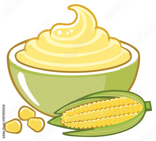 Delicious creamed corn in a green bowl accompanied by fresh corn cob and kernels