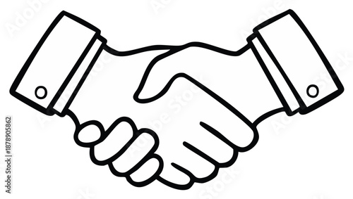 Line drawing of two business people shaking hands in agreement; monochrome outline illustration on white.