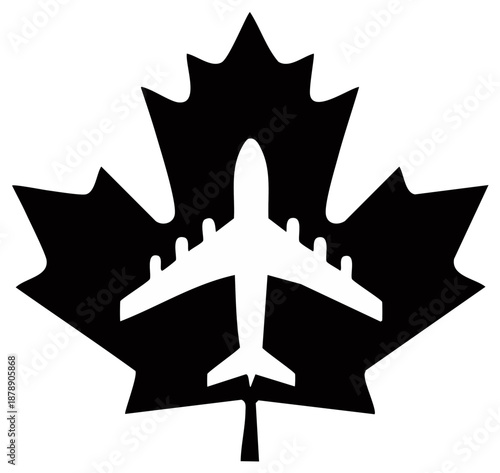 Airplane Silhouette Inside Maple Leaf Icon Concept Featuring Air Travel Symbolism