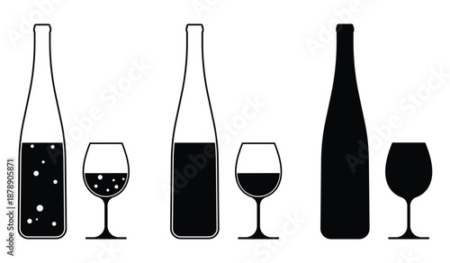 Wine bottle with wine glass icon. Alcohol bottle and glass vector illustrated.