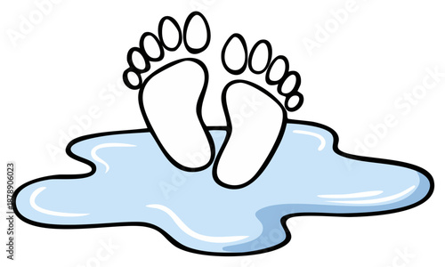 Cartoon illustration of bare feet standing in a small puddle of blue water