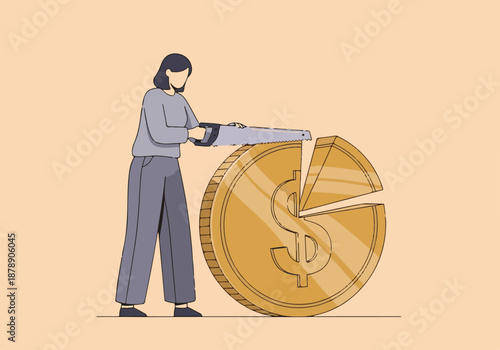 Woman sawing a large golden dollar coin, symbolizing money division and finance.