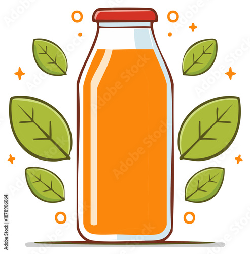 Fresh orange juice bottle illustration with leaves and decorative design elements
