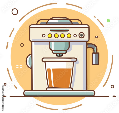 Modern stylish coffee machine brewing fresh hot beverage into a clear glass cup flat design