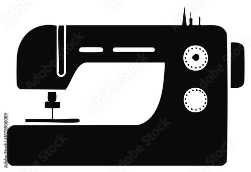 Black silhouette of a sewing machine, a vector icon for tailoring, crafts, fashion, and dressmaking.