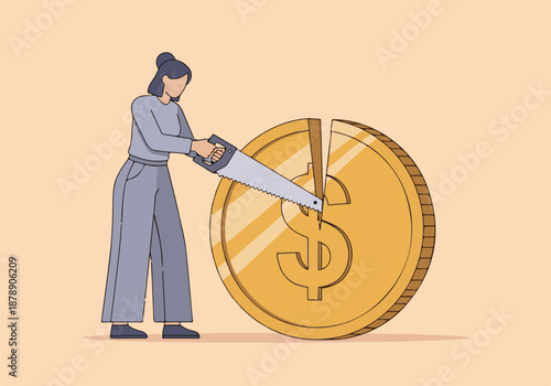 Woman cutting a giant dollar coin with a saw, financial division concept