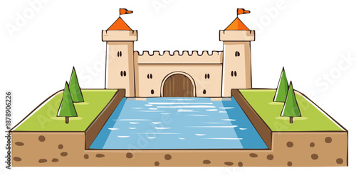 Cartoon medieval castle with protective moat and grand towers surrounded by green trees