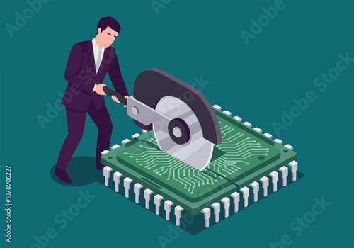 Businessman cutting a computer chip, concept of technology limitation or data control