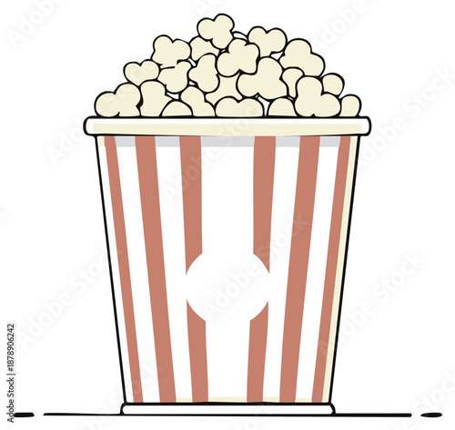 Classic striped container filled with overflowing popcorn snack