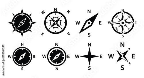 Collection of diverse compass icons and symbols depicting cardinal directions