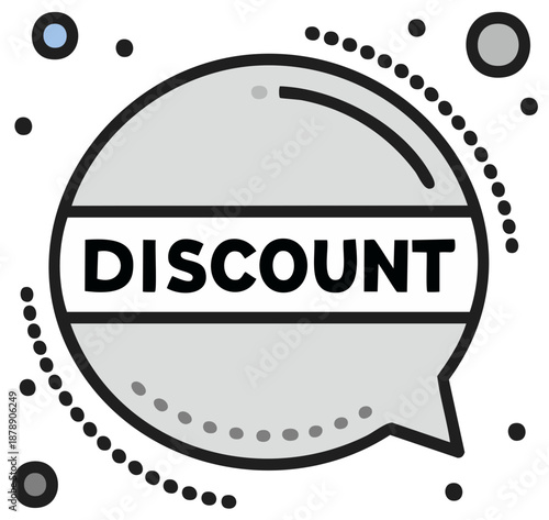 Discount text in a modern gray speech bubble icon for sales and promotion announcements