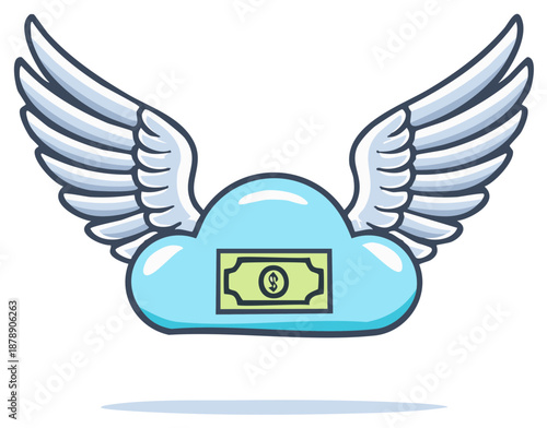 Cloud with angel wings and a dollar bill symbolizing flying money or cloud computing cost