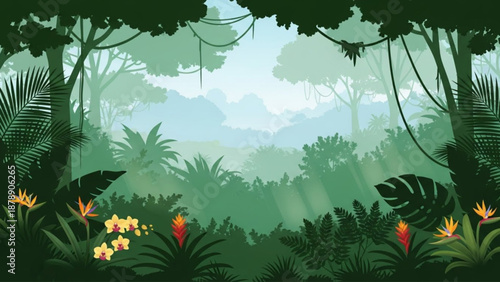 Lush Tropical Jungle Illustration with Sun Rays and Exotic Plants for Nature Background, Website Banner, Poster, Wallpaper and Eco Design