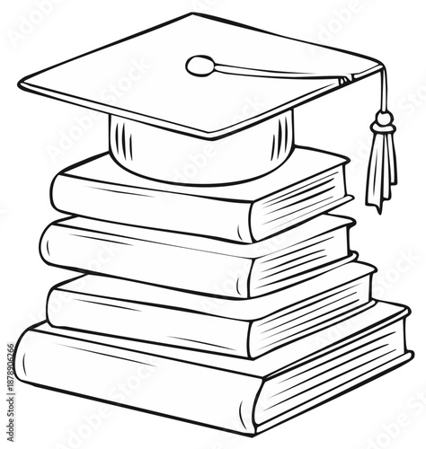 Line art illustration of a graduation cap with a tassel resting on a stack of academic books