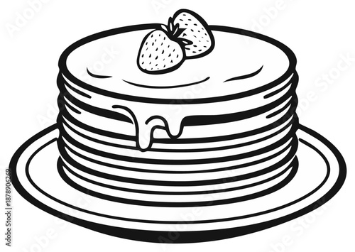 Stack of pancakes topped with strawberry halves on plate in vector line art