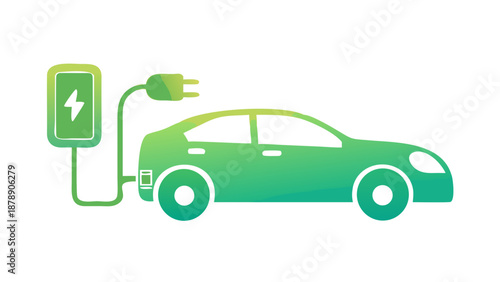 Silhouette of an electric car connected to a charging station, clean energy and green transport concept, futuristic vector