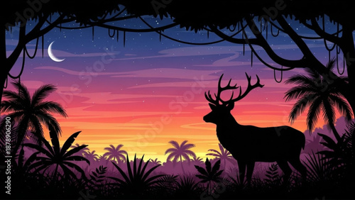 Deer Silhouette in Tropical Jungle at Sunset with Moonlight for Nature Background, Wildlife Illustration, Poster, Wallpaper and Digital Art