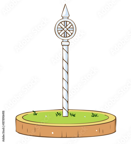 Stylized cartoon illustration of an elaborate marker pillar on a grassy circular base