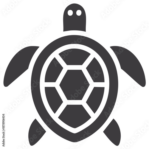 Minimalist flat design vector icon of a sea turtle, featuring a stylized dark shell pattern and two eyes