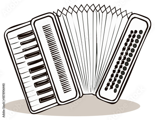 Accordion illustration in black and white, musical instrument