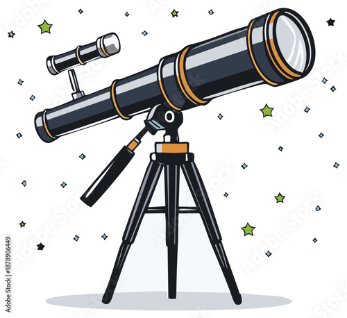 Black astronomical telescope on a tripod with a small finder scope surrounded by colorful stars