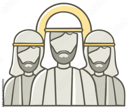 Religious figures with halos in line, graphic illustration.