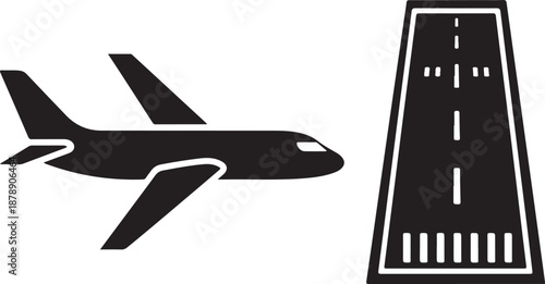 Black airplane flying over runway white transportation