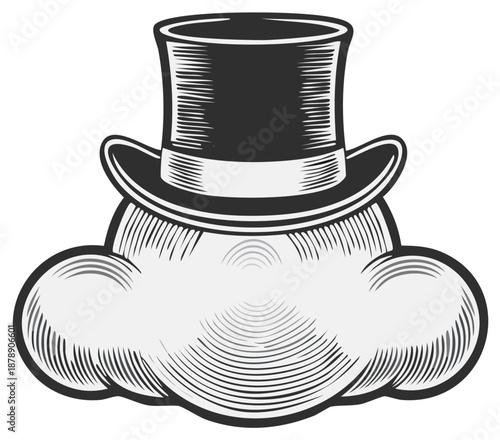 Whimsical Top Hat Adorning a Stylized Cloud in Vintage Engraving Style