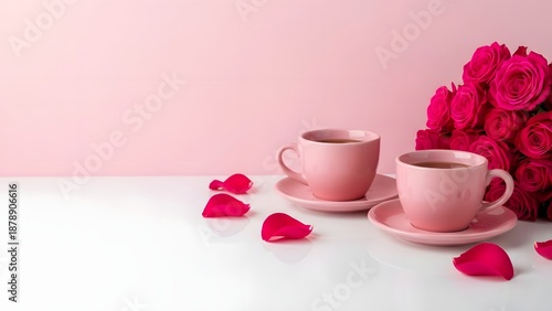 Two pink coffee cups with saucers and a bouquet of roses on a white table against a pink wall with rose petals scattered around