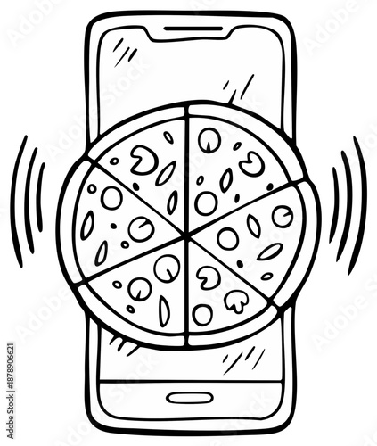 Mobile phone displaying a whole pizza order notification illustration