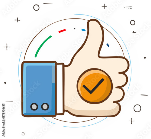 Cartoon Thumb Up with Check Mark Symbol of Agreement and Approval