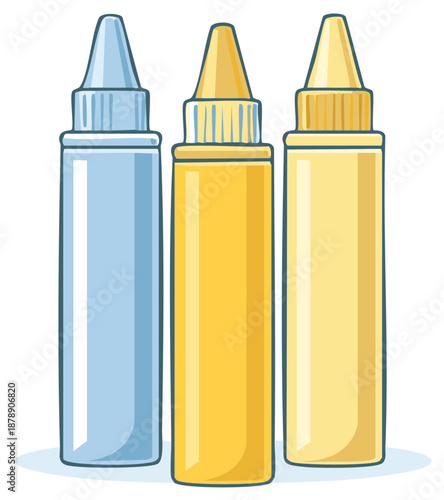 Cartoon illustration featuring three condiment bottles in blue, medium, and light yellow shades standing vertically