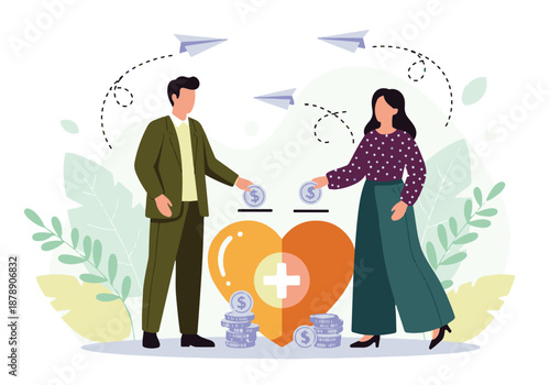 Couple donating money to charity for healthcare and social support