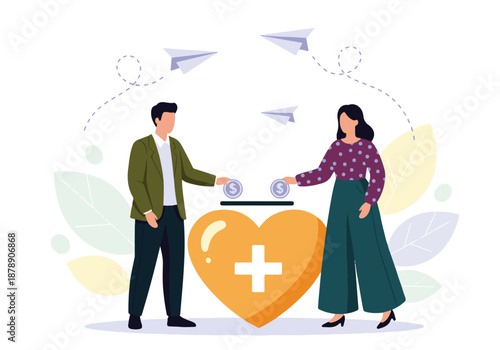 Man and Woman Donating Coins to a Charity Heart with Cross Symbol