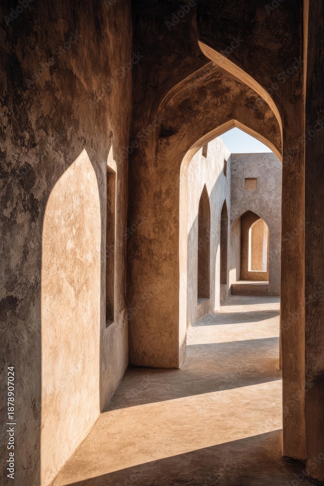 Obraz premium Sunlit corridor of a desert fortress with repeating archways and long shadows across the warm stone floor. Concept Desert fortress architecture, Sunlit archways, Repeating arches