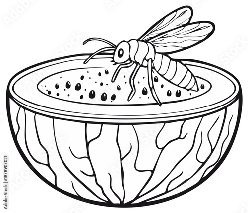 Wasp Drinking from a Nut Shell Bowl Outline Illustration Line Art Coloring Page