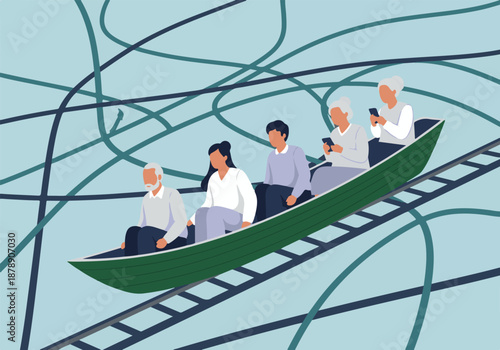 Diverse group navigating complex paths of modern life with digital devices