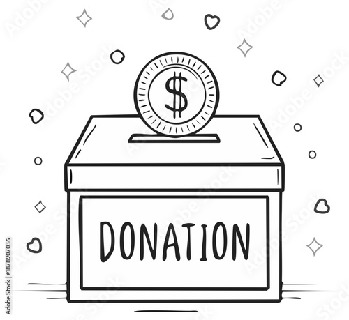 Donation Box with Coin, Illustrated Giving Concept, Charity, and Fundraising.