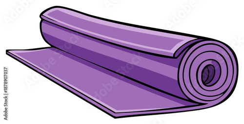 Unrolled purple yoga mat illustration for fitness exercise and workout routines on white background